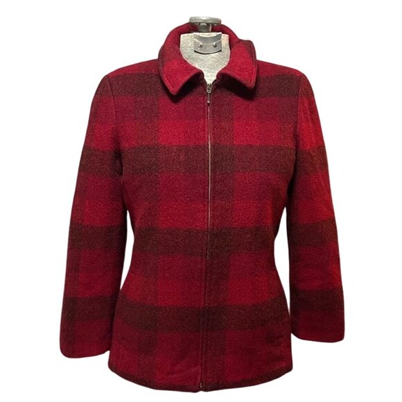 Eddie Bauer Womens Red &‎ Black Plaid Fitted Wool Zipper jacket Small Cabincore - Picture 1 of 11